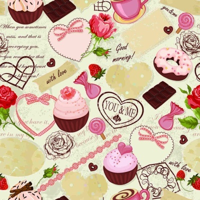 padrão de confeitaria com cupcakes, chocolates, flores, corações e texto em inglês