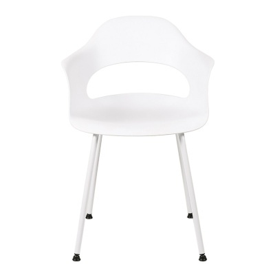 Cadeira branca moderna com quatro pernas metálicas.