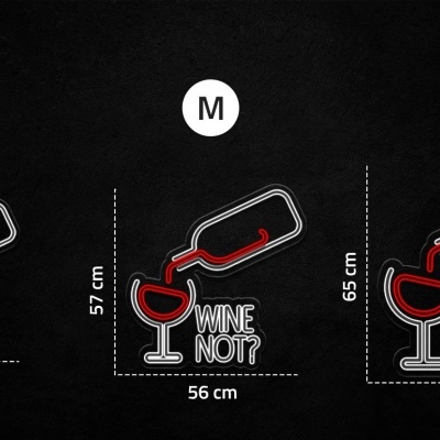 Desenhos de garrafas de vinho a verter vinho em copos com texto 'WINE NOT' e dimensões em três tamanhos sobre fundo preto.