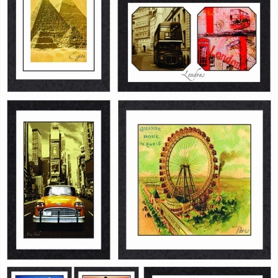 Seis quadros decorativos com imagens de cidades e monumentos famosos