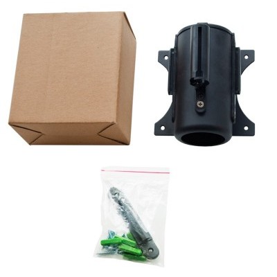 Suporte de fixação preto, caixa de cartão castanho e saco com parafusos e buchas