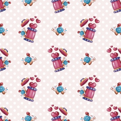 Padrão repetitivo de caixa de presente roxa e doces coloridos sobre fundo rosa com bolinhas brancas
