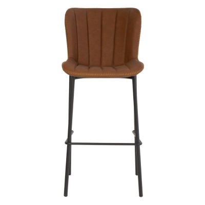 Banco alto castanho com pernas pretas e assento estofado