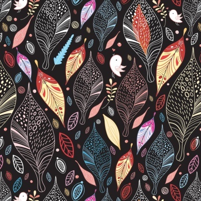 Padrão de folhas coloridas e pássaros brancos sobre fundo preto