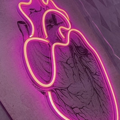 Neon rosa em forma de coração humano montado em parede cinzenta