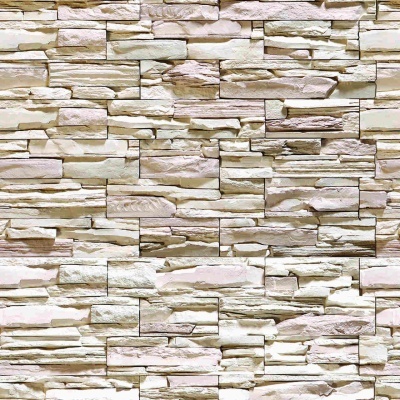 Parede com pedras decorativas em tons brancos e bege