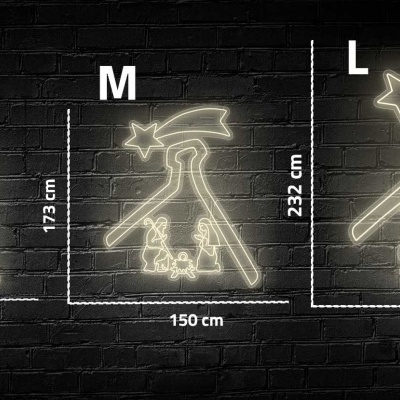 Três decorações luminosas de presépio com estrela em tamanhos S, M e L, em fundo preto