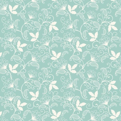 Papel de parede azul com flores e folhas brancas em padrão repetitivo