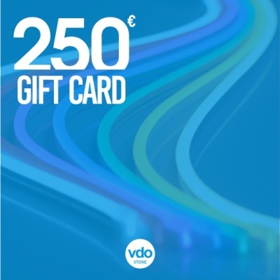 Cartão oferta digital azul com valor 250 euros e texto em branco