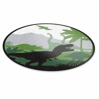 Tapete redondo com motivos de dinossauros em verde e preto