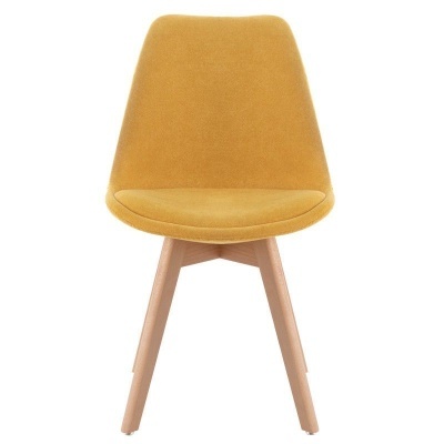 Cadeira amarela mostarda com pernas de madeira clara