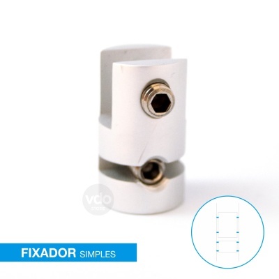 Fixador simples branco com parafusos metálicos em fundo branco e esquema técnico azul