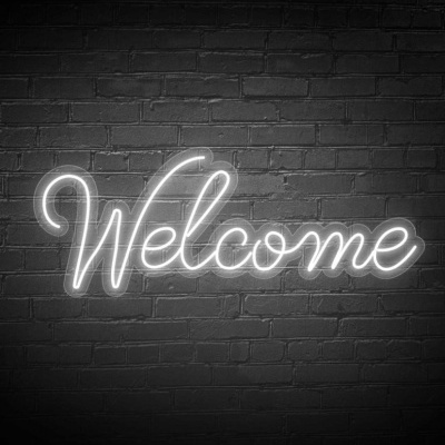 Letreiro de néon branco com a palavra 'Welcome' num fundo de parede de tijolos pretos