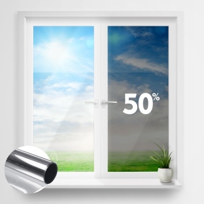 Janela branca dupla com vidro refletor e texto 50%