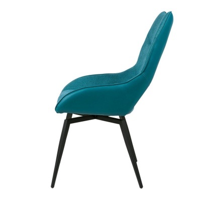 Cadeira azul petrolio com assento almofadado e pernas pretas