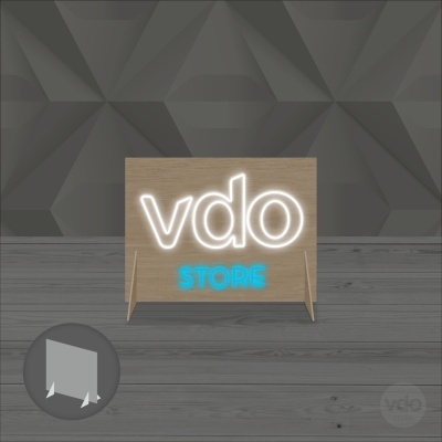 Painel publicitário de mesa em madeira com texto iluminado