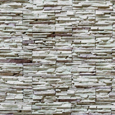 Parede decorativa de painéis que imitam pedras cinza e bege com textura rugosa