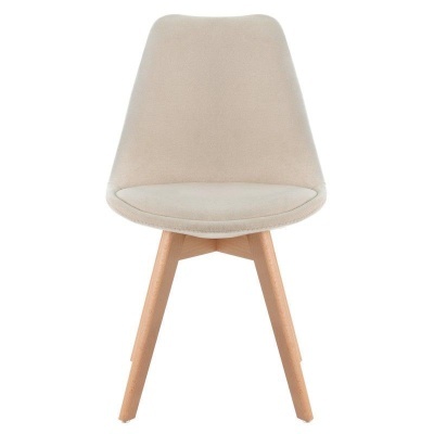 Cadeira bege com pernas de madeira clara vista de frente