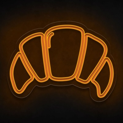 Neon light em forma de croissant laranja e amarelo sobre fundo escuro