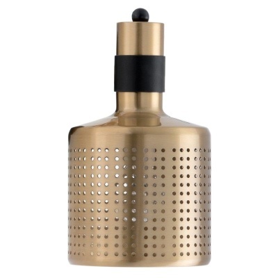 Recipiente metálico dourado perfurado com tampa e detalhe preto