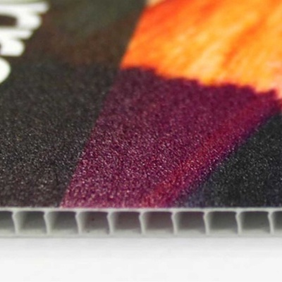 Placa plástica alveolar com design colorido e texto parcial 'rtex'