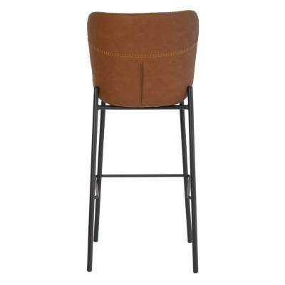 Banco alto com assento e encosto castanhos em pele e estrutura preta metálica