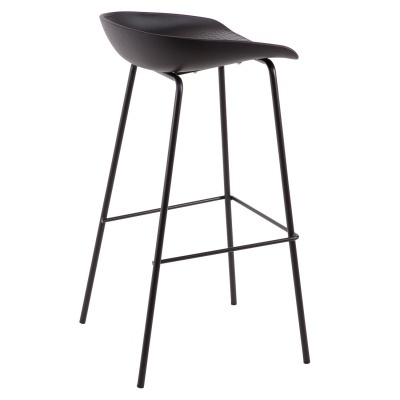 Banco alto preto com assento plástico e pernas metálicas finas