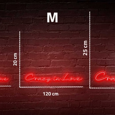 Letreiros luminosos vermelhos com texto Crazy in Love em três tamanhos diferentes contra parede de tijolos vermelhos