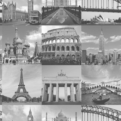 Colagem em preto e branco de fotos de monumentos famosos de várias cidades.