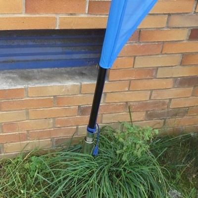 Guarda-chuva azul junto a rebordo de janela num prédio de tijolos com plantas verdes na base