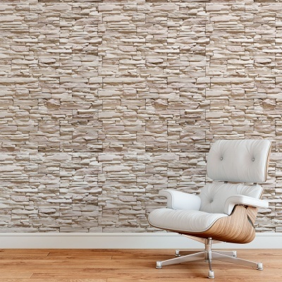 Parede de tijolos decorativos bege e cadeira branca moderna