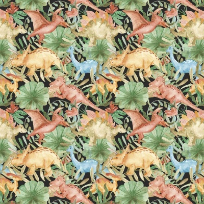 Estampa colorida de dinossauros e folhas verdes sobre fundo preto