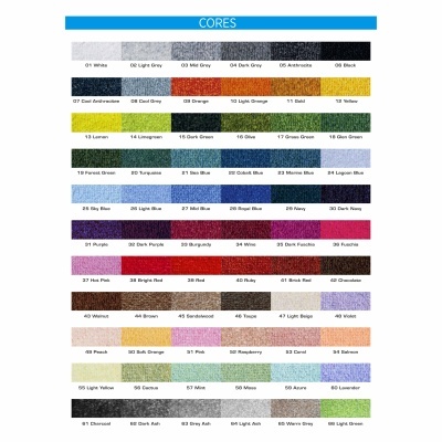 Tabela de cores com 56 amostras distintas cada uma com código numérico e nome correspondente