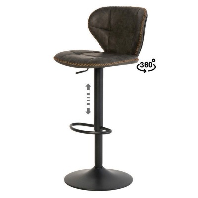 Banqueta de bar em tecido castanho escuro com base preta ajustável e rotativa