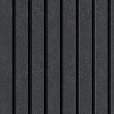 Painel ou revestimento em réguas pretas verticais com textura de madeira.