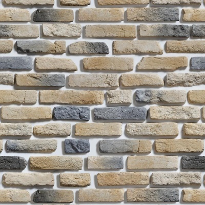 Parede com tijolos decorativos bege, cinza e branco, textura rústica