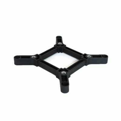 Estrutura quadrada preta com braços e parafusos sobre fundo branco