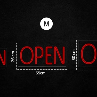 Placas luminosas pretas com texto vermelho OPEN em três tamanhos