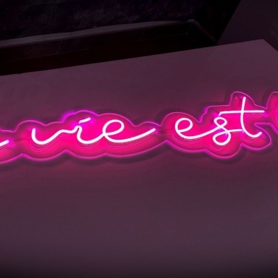 Placa de néon rosa com texto 'la vie est belle'