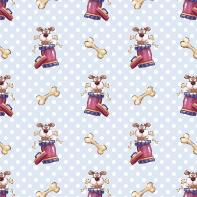 Padrão azul com bolinhas brancas, cães marrons em latas roxas e ossos bege