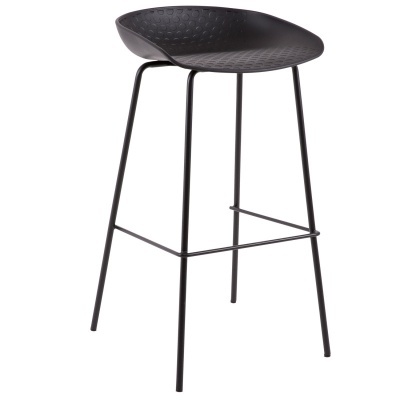 Banco alto preto com assento em plástico e estrutura metálica