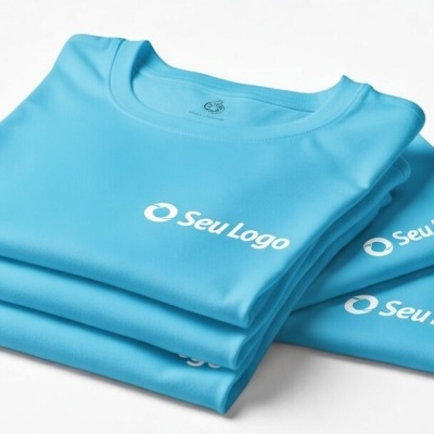 T-shirts azuis dobradas com texto e logotipo branco Seu Logo.