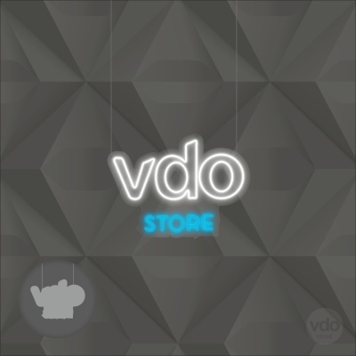 Texto neon vdo STORE sobre fundo geométrico cinza escuro