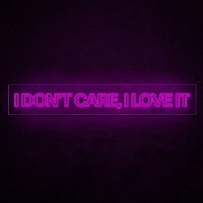Letreiro de néon rosa com texto I DONT CARE, I LOVE IT em fundo escuro