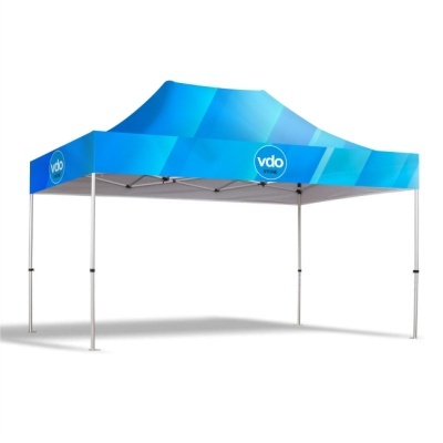 Tenda dobrável azul com logótipo 'vdo system' e estrutura metálica branca