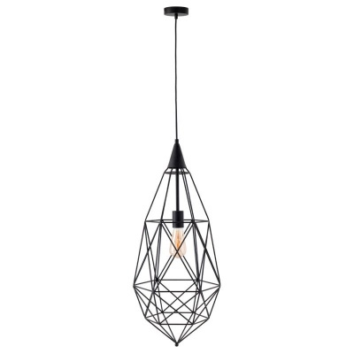 Candeeiro de tecto pendente preto com design geométrico aberto e lâmpada visível