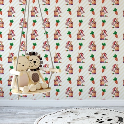 Cadeira suspensa de madeira com almofadas de leão e gato, papel de parede infantil com coelhos e cenouras