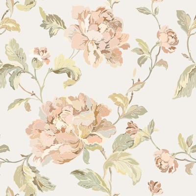 Papel de parede floral em tons pastel de rosa, verde e bege com fundo creme.
