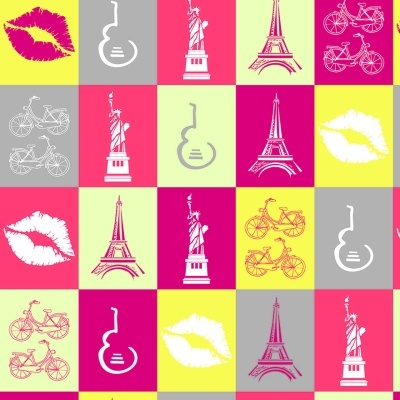 Padrão com ícones de lábios, guitarra, Estátua da Liberdade, Torre Eiffel e bicicleta em quadros coloridos.