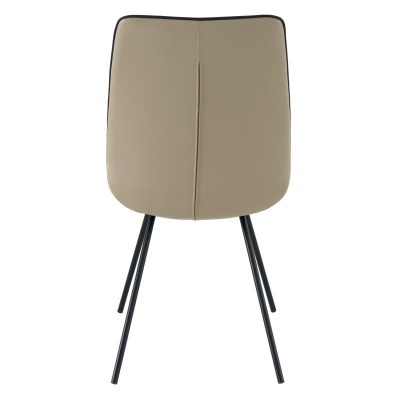 Cadeira estofada bege com pernas metálicas pretas vista de trás